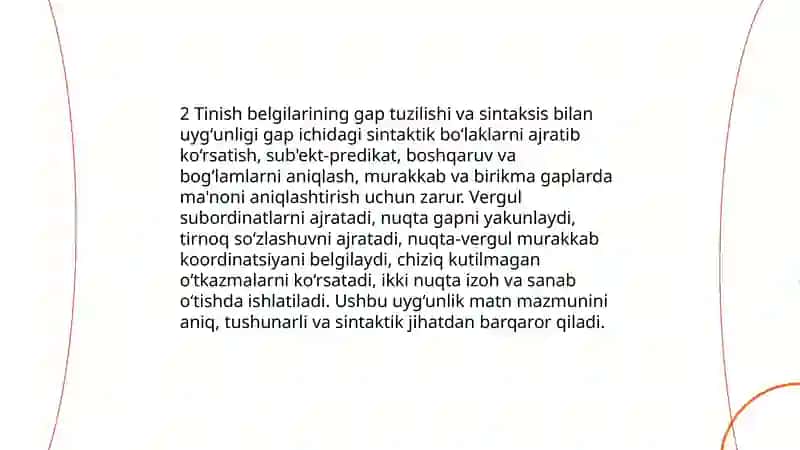 Tinish belgilarining matnda o'rinli qo'llanilishi sabablari va maqsadi haqida izohlovchi mulohazalar yozish 4
