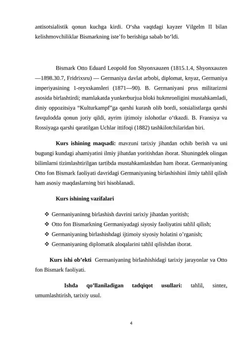 GERMANIYA DAVLATLARINING BIRLASHISHI, OTTO FON BISMARK FAOLIYATI 4