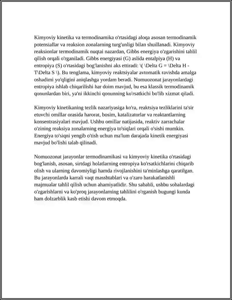 NOMUOZANAT JARAYOLAR TERMODINAMIKASI VA KIMYOVIY KINETIKA OʻRTASIDAGI MUNOSABATLAR 4