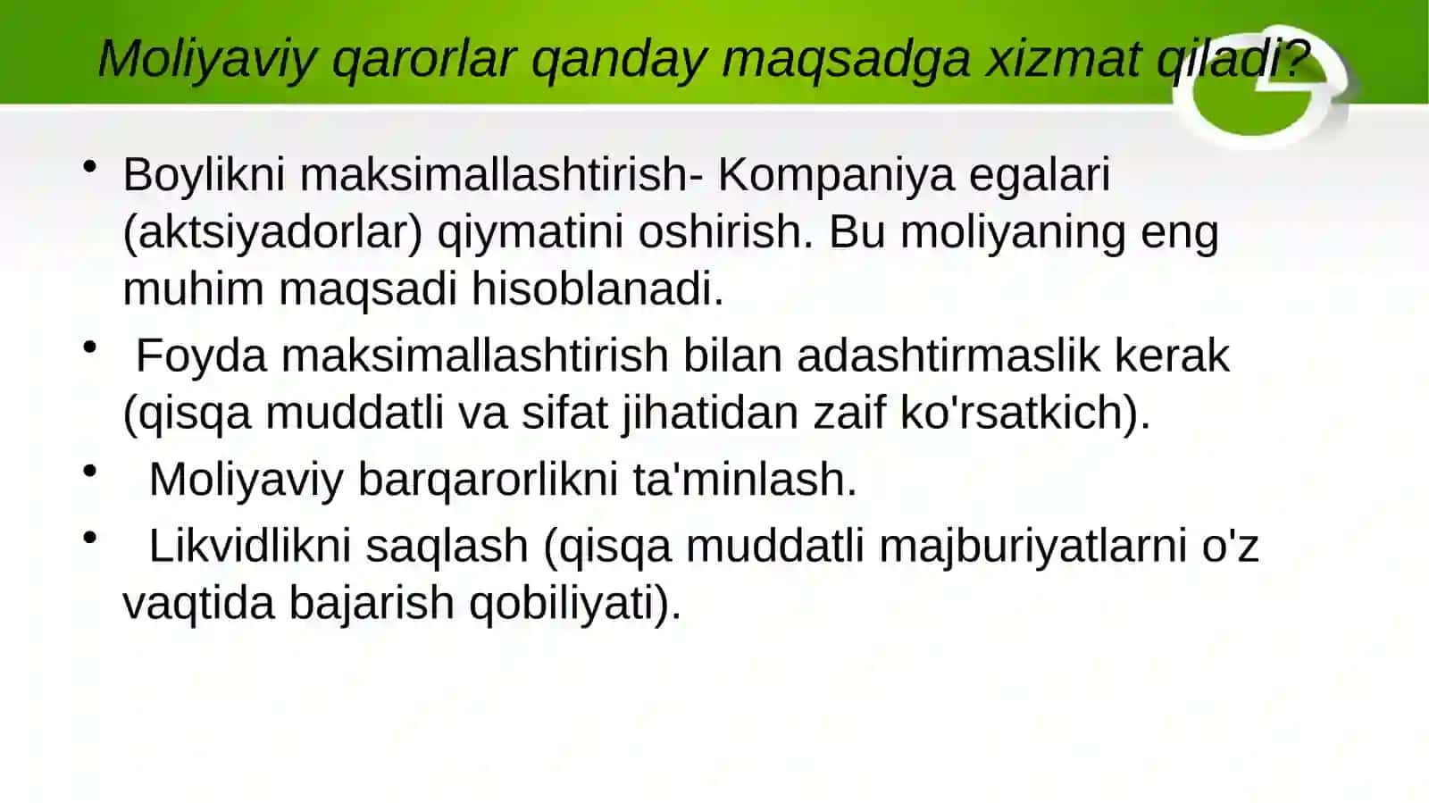 Moliya Asoslariga Kirish: Moliyaning Fundamental Masalalari 4