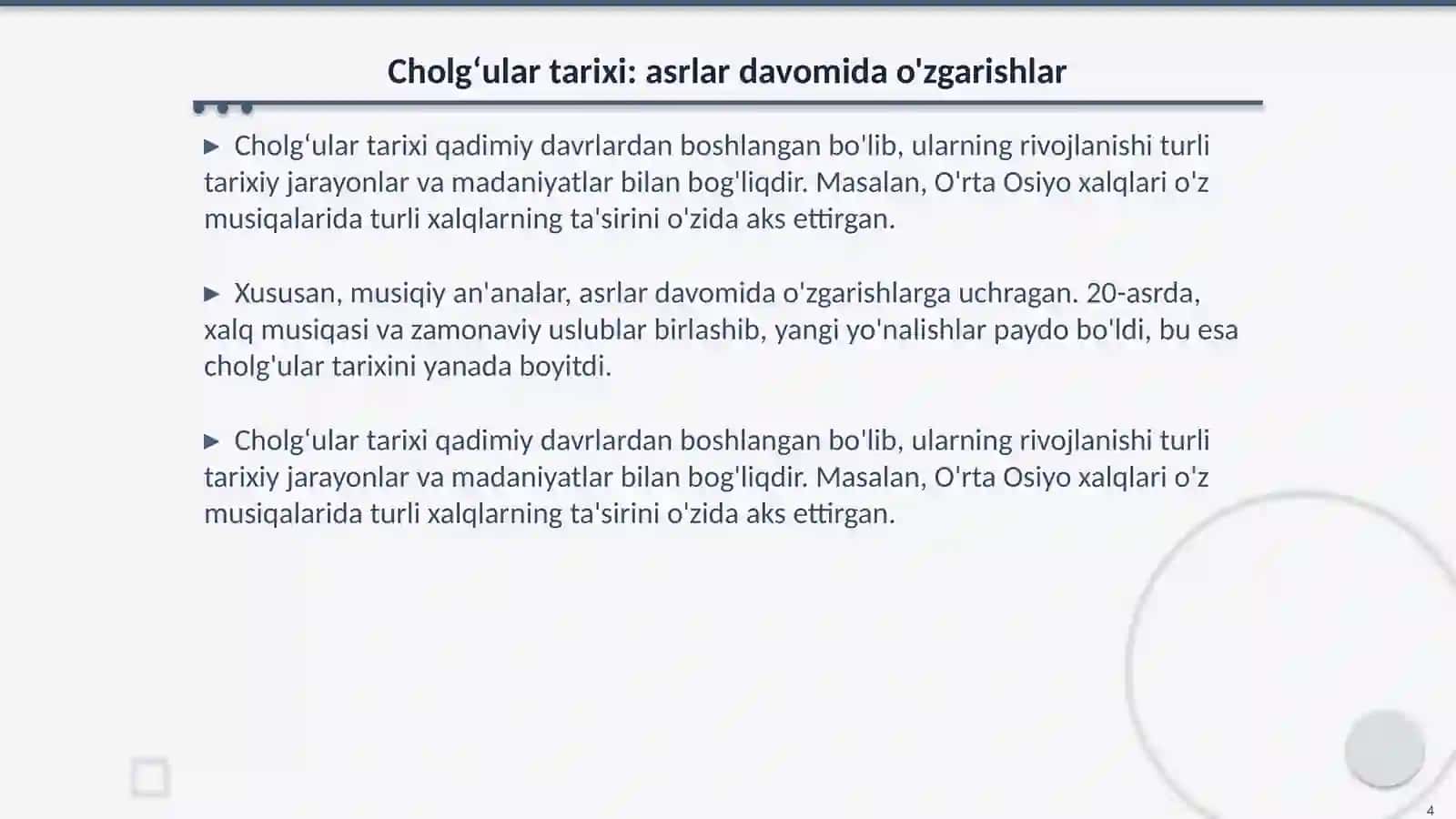 Cholgʻushunoslik faniga kirish hamda cholgʻular tarixi 4