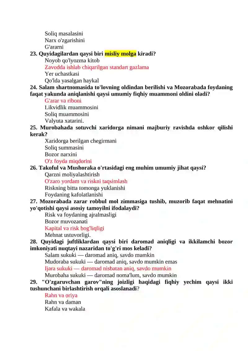 Islom moliyasi fanidan testlar va javoblari 4