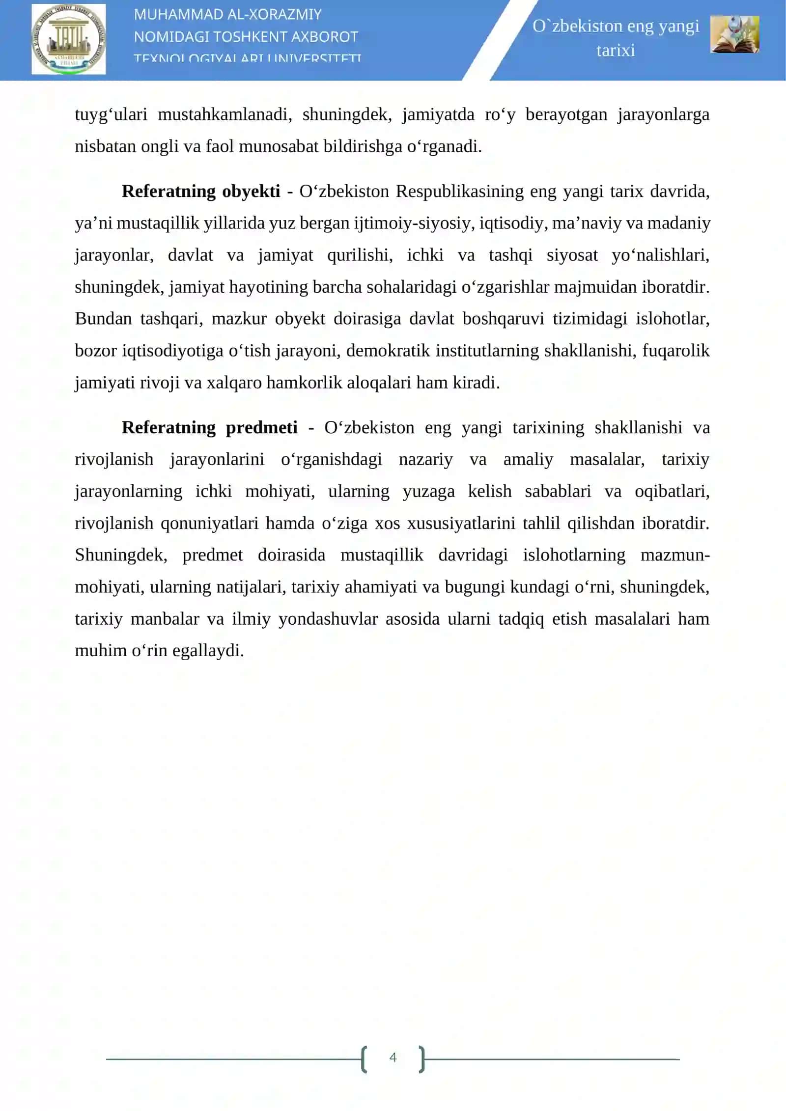 O`zbekiston eng yangi tarixi fanining ob`yekti va predmeti 4