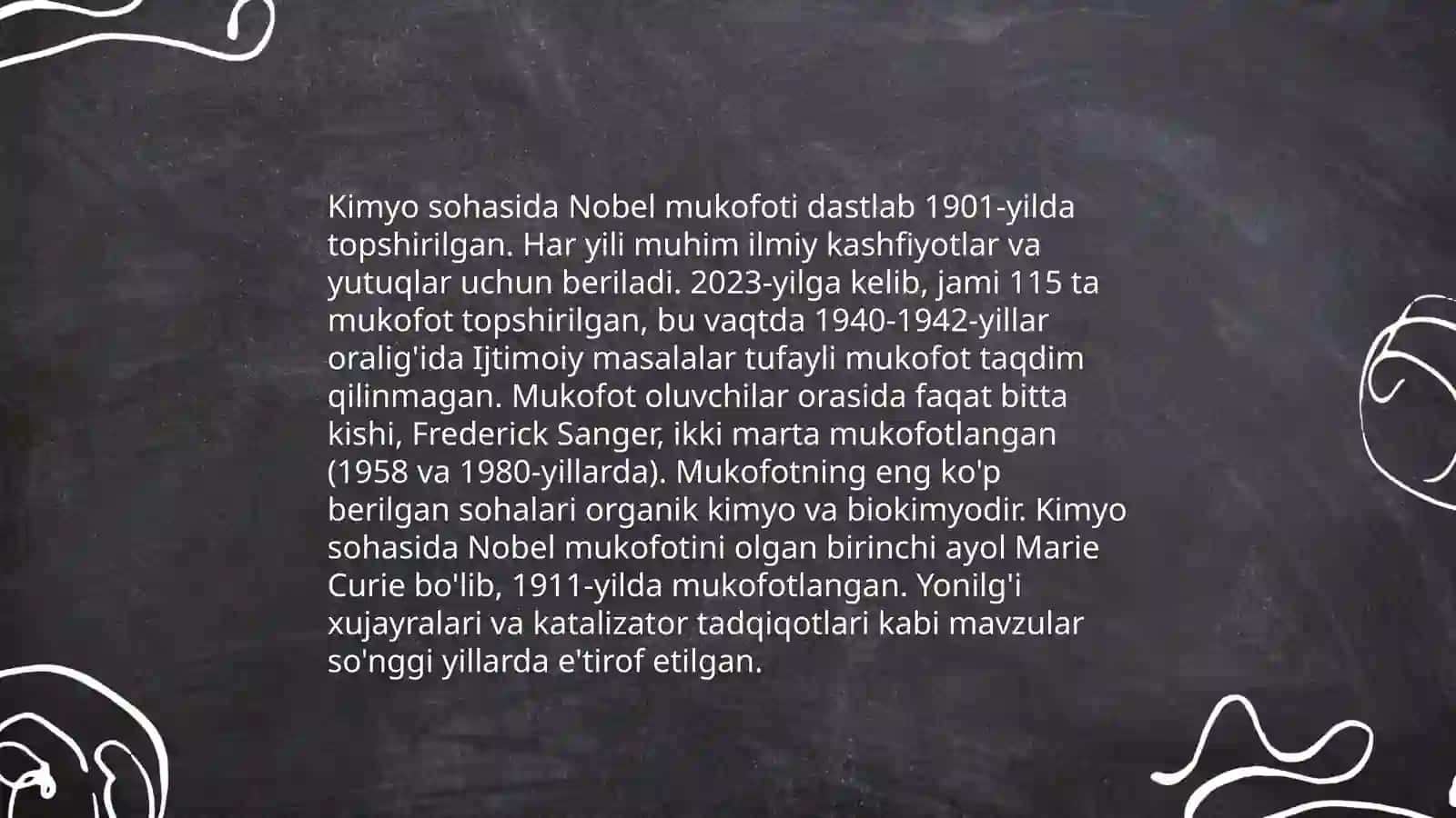 Kimyo sohasida Nobel mukofoti sovrindorlari va yutuqlari 4