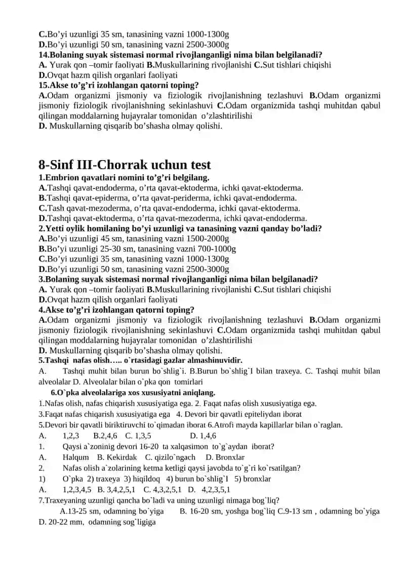 8-Sinf I-Chorrak uchun test 4