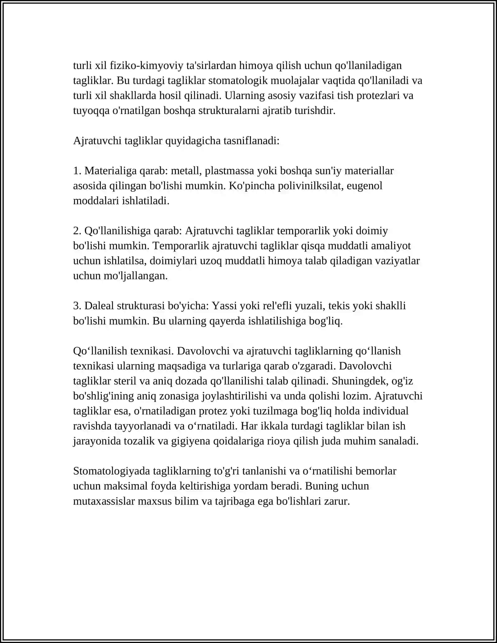 STOMATOLOGIYADA DAVOLOVCHI VA AJRATUVCHI TAGLIKLAR. TARKIBI VA QO‘LLANILISHI.QO‘YISH TEXNIKASI 4