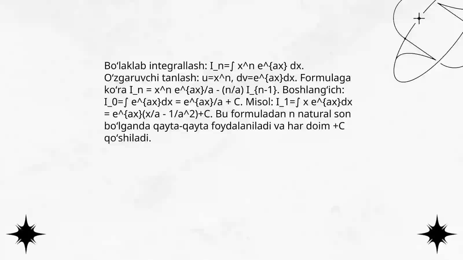 Aniqmas integralni hisoblashga oid misollar.Oʻzgaruvchini almashtirish usuli.Boʻlaklab integrallash usuli 4