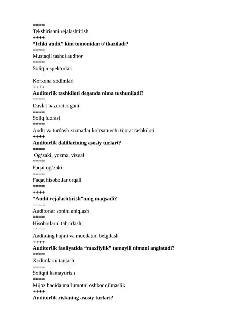 Audit bo'yicha test savollari 4