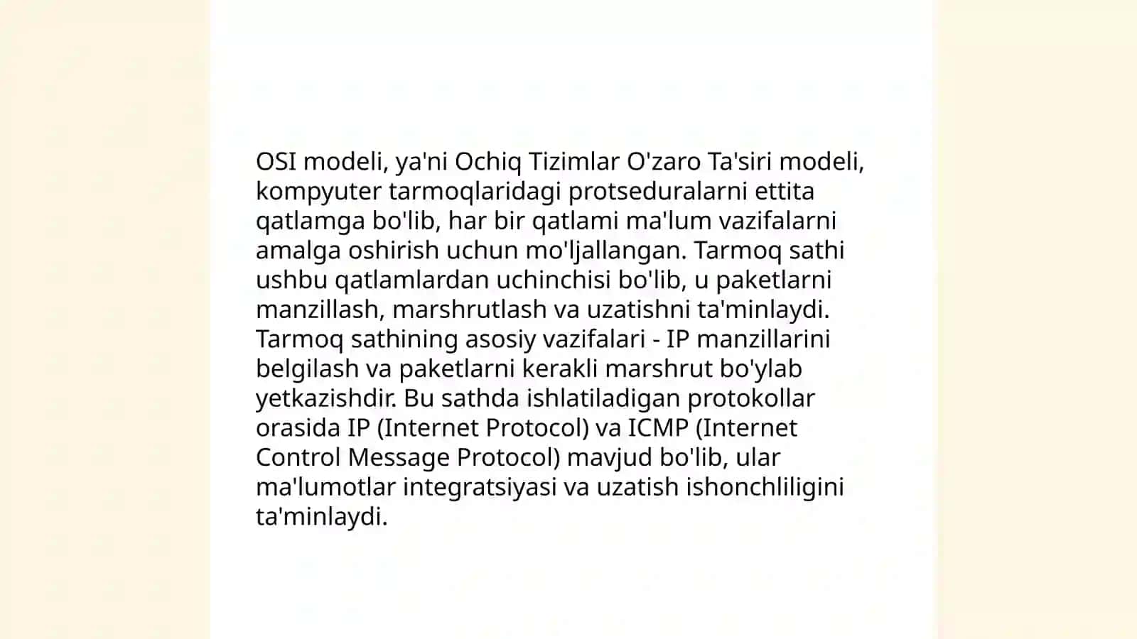 Tarmoq protokollari.Tarmoq sathi.Tarmoq sathi vazifalarini va tarmoq texnologiyalarini oʻrganish.Tarmoqlararo oʻzaro ishlash va qurilmalar tavsifi:takrorlagichlar,konsentratorlar,marshrutizatorlar,koʻpriklar,kommutatorlar va shlyuzlar.IPv4 protokolining tuzilishi.Manzillash:Internet- manzili,sinfli manzillash 4