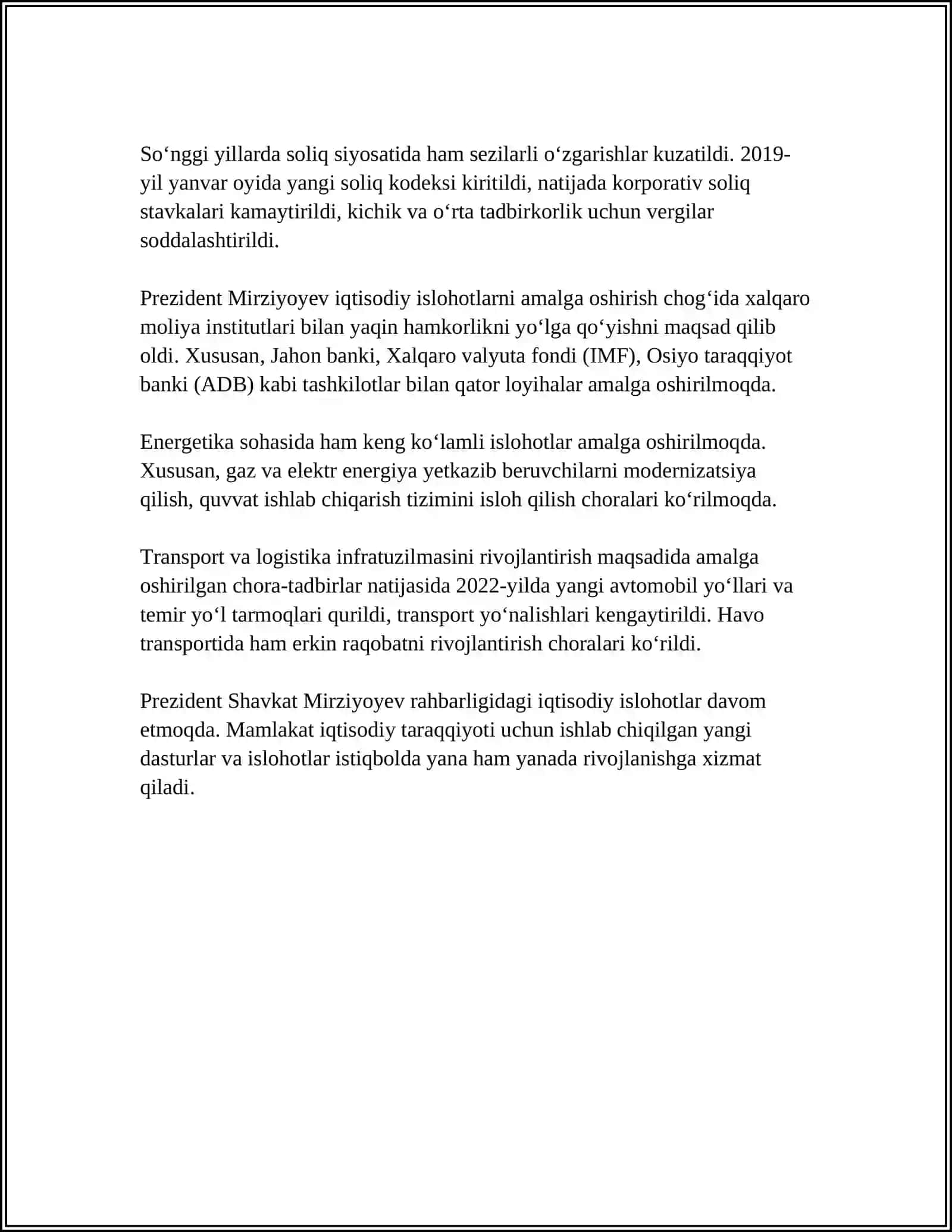 YANGI ÓZBEKISTONDA PREZIDENT SH.M.MIRZIYOYEV RAHBARLIGI VA TASHABBUSI OSTIDA AMALGA OSHIRILAYOTGAN ISLOHOTLAR 4