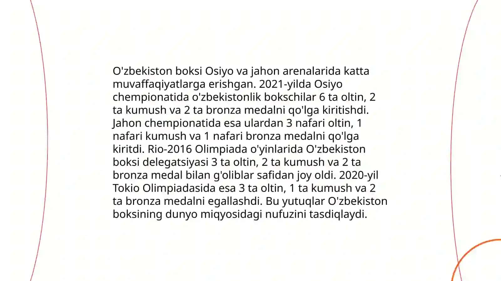 O'zbekiston sportchilarining Osiyo, jahon va Olimpiya o'yinlaridagi ishtiroki 4
