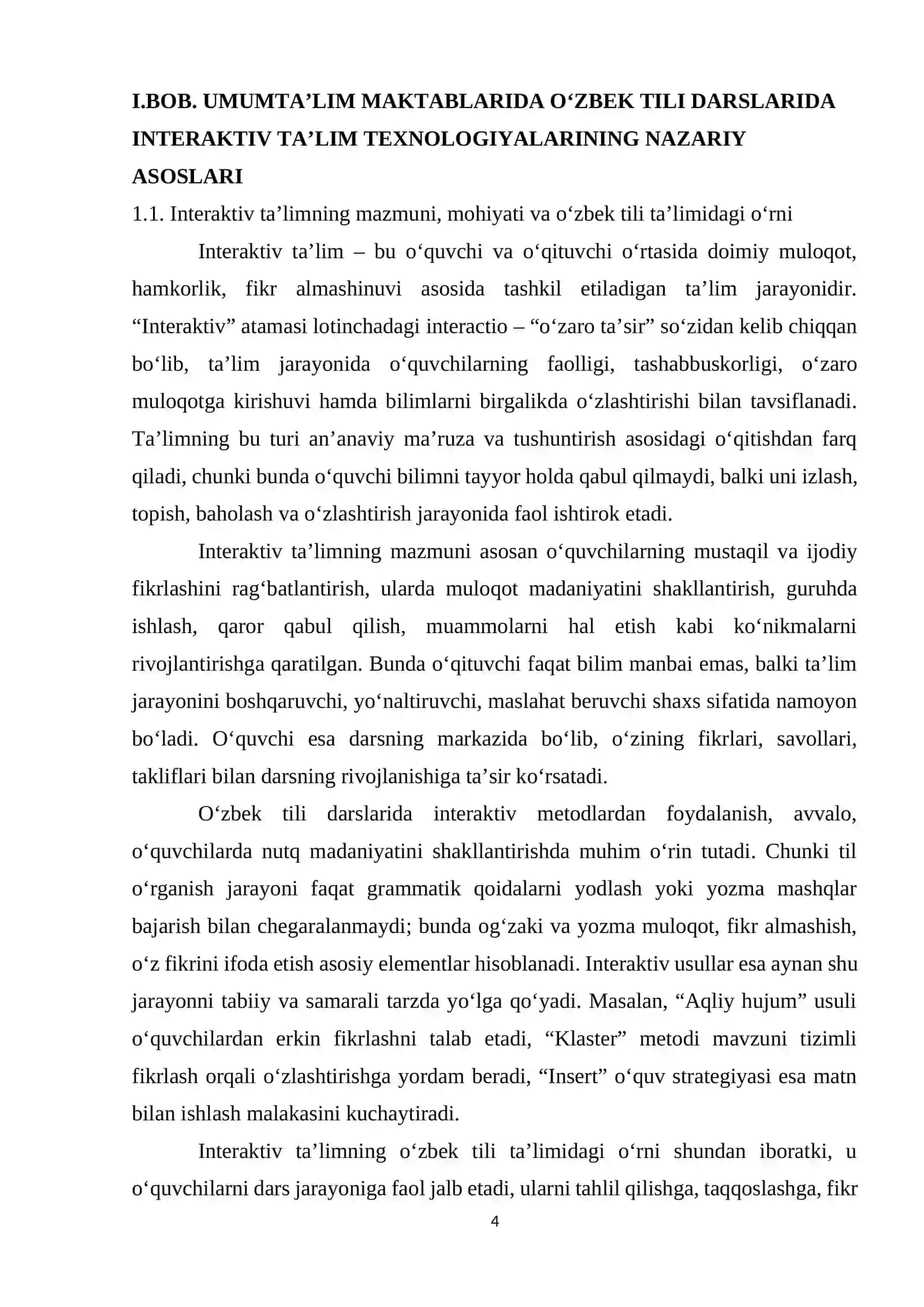 “Umumta’lim  maktablarining 7 - 8– sinflarida o‘zbek tili darslarida interaktiv usullarni qo‘llash ” 4