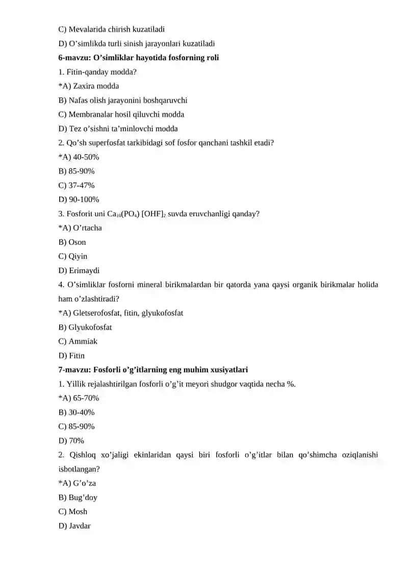 O’simliklar oziqlanishi va o’g’it fanidan test 4