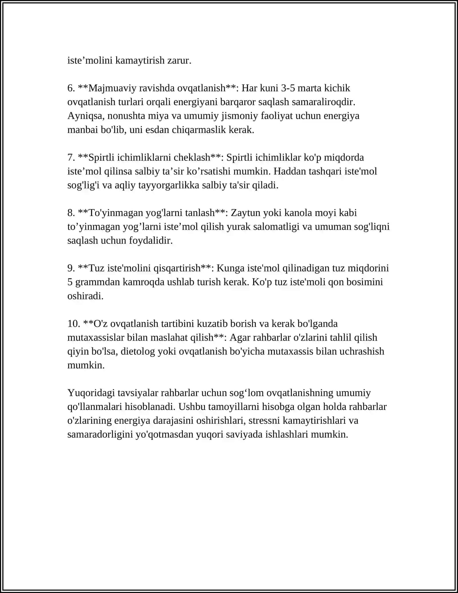 Rahbarlar uchun sogʻlom ovqatlanish asoslari 4