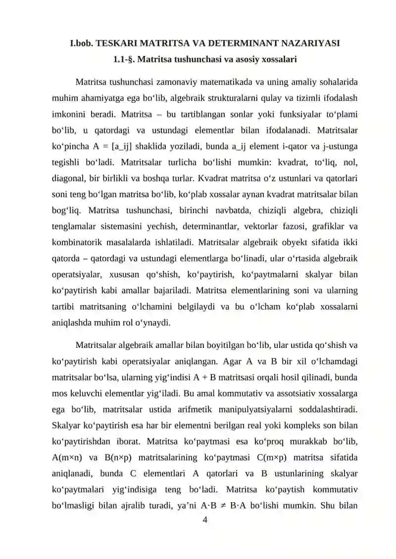 Teskari matritsa va detirminantning qoʻshimcha xossalari 4