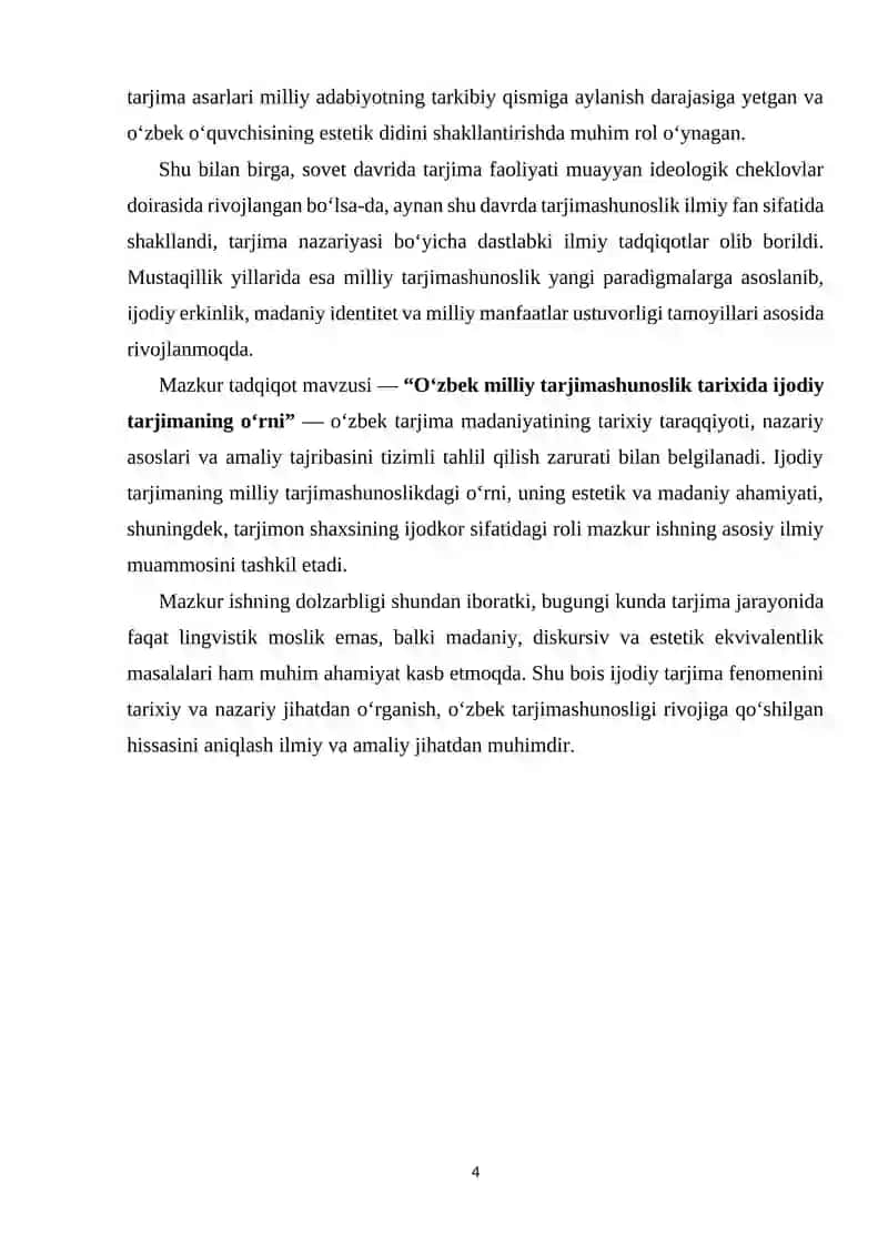 O‘ZBEK MILLIY TARJIMASHUNOSLIK TARIXIDA IJODIY TARJIMANING O‘RNI 4