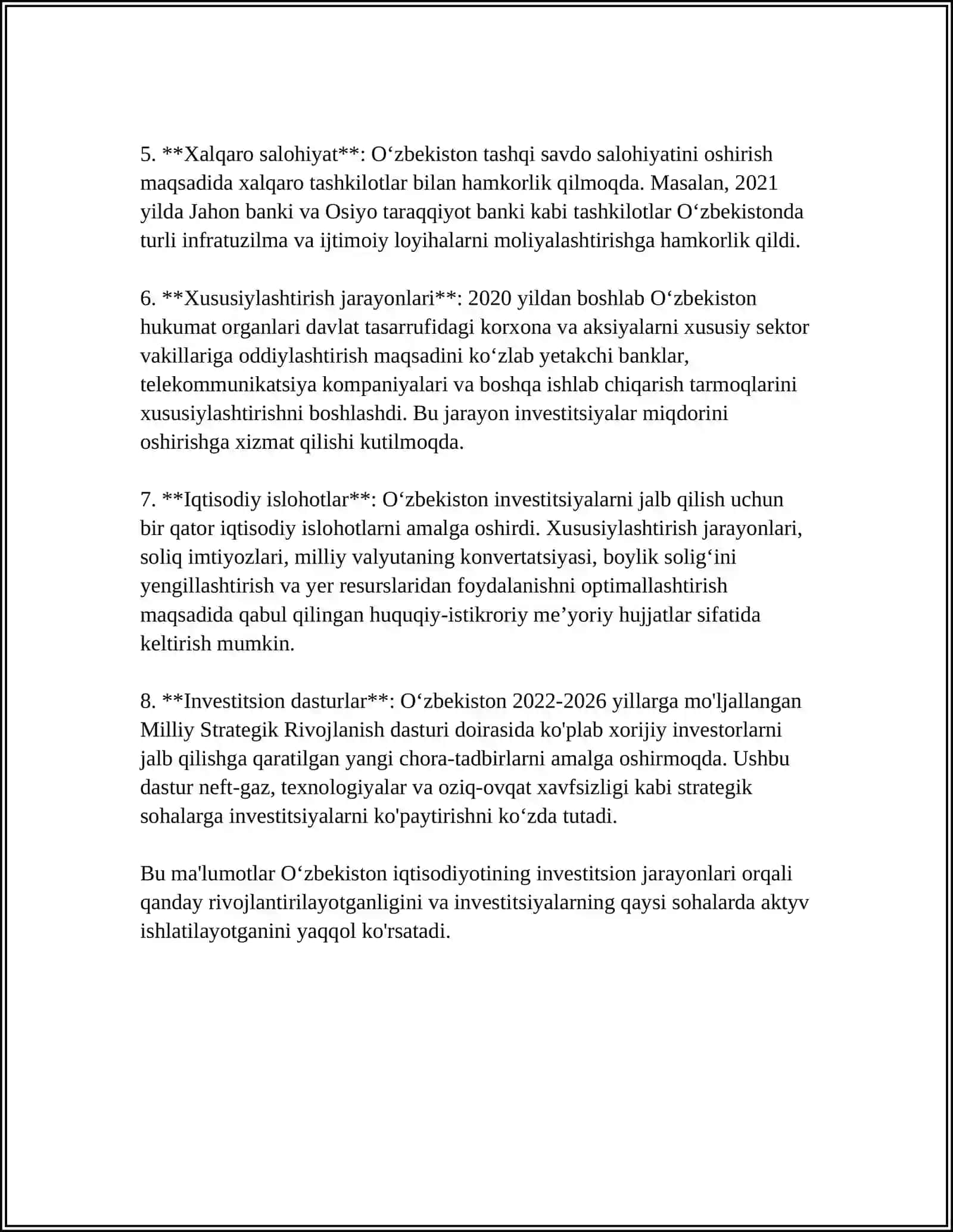 O'ZBEKISTON IQTISODIYOTIGA INVESTITSIYALAR JALB ETISHNING IQTISODIY AHAMIYATI VA UNING DARAJASINI BELGILOVCHI OMILLAR 4
