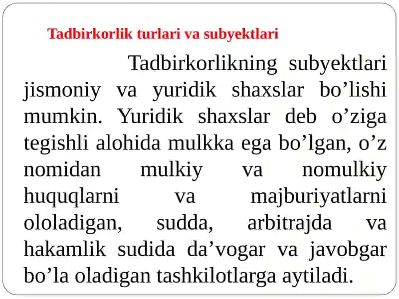 Tadbirkorlik turlari va subyektlari 4