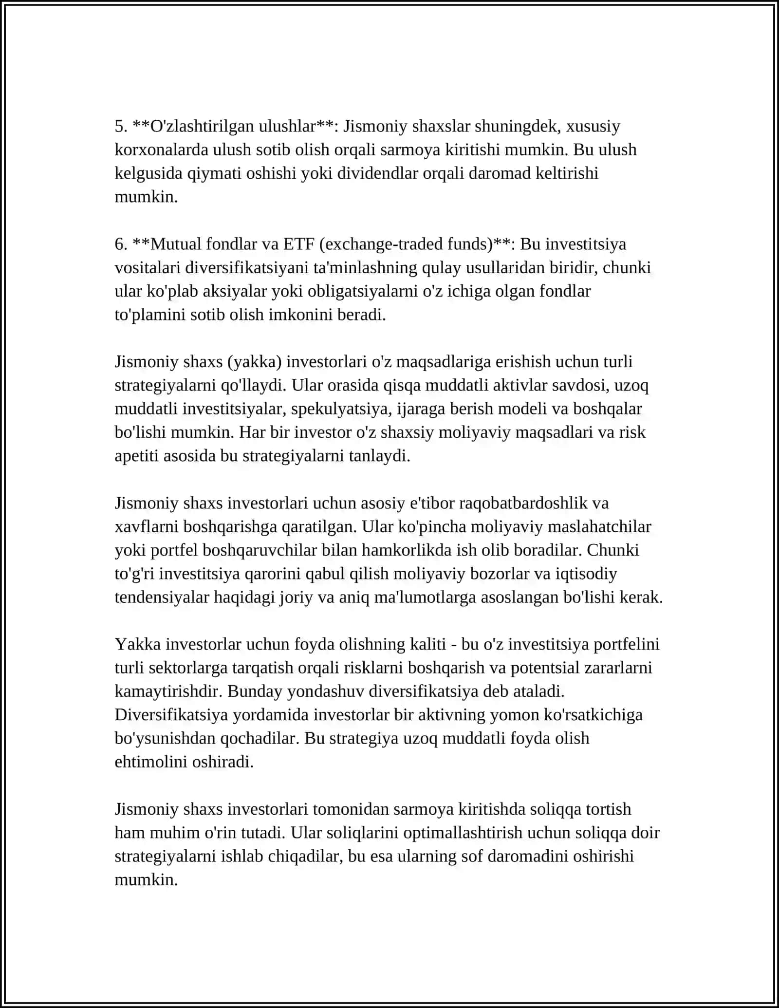 INVESTOR VA ULARNING TURLARI 4