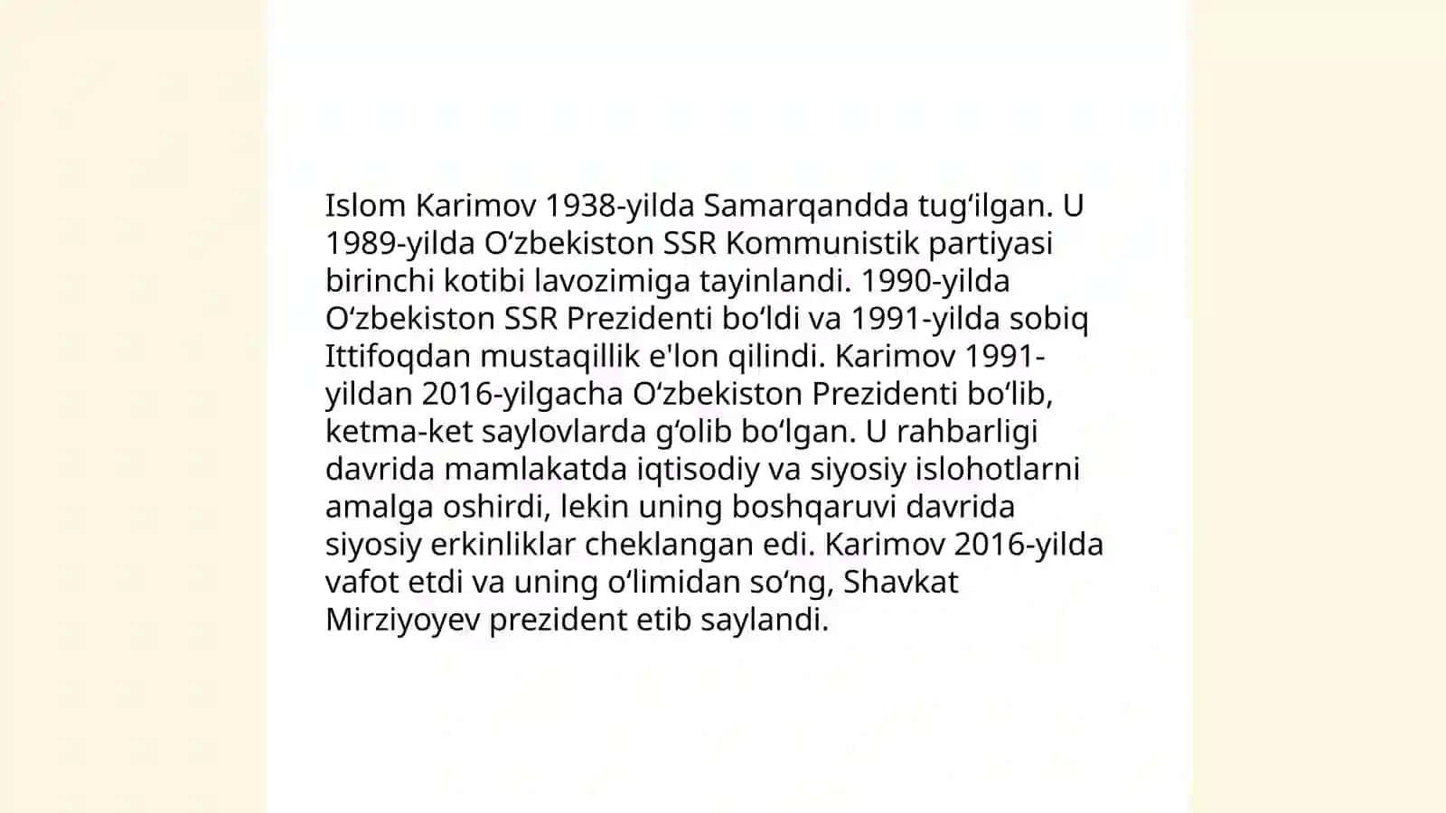 Islom Abdug'aniyevich Karimov O'zbekiston Respublikasining birinchi prezidenti 4