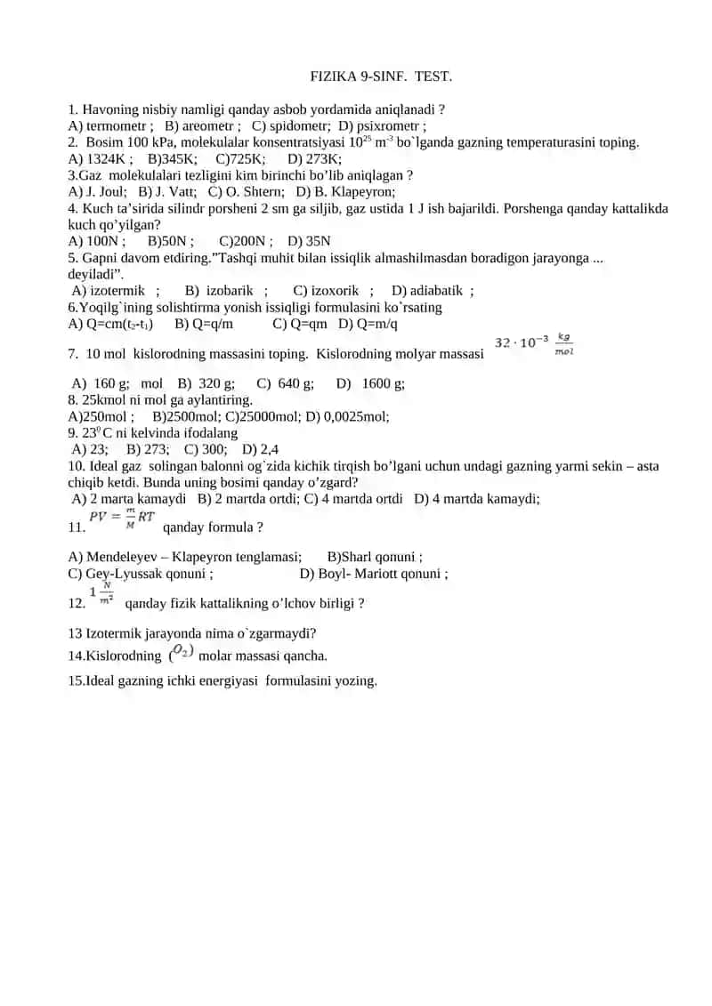 8- sinf. Fizika 1-qator 4