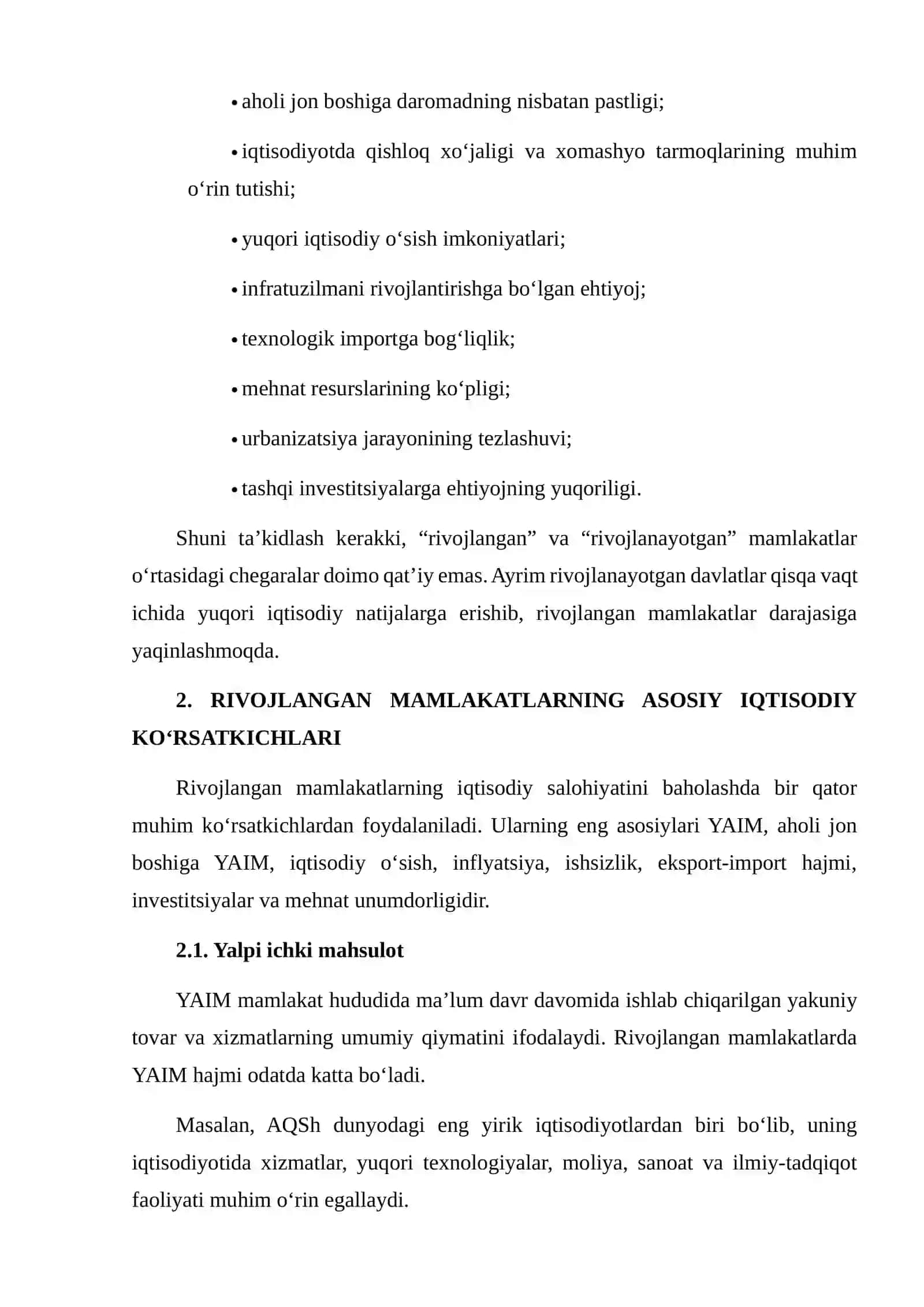 RIVOJLANGAN VA RIVOJLANAYOTGAN MAMLAKATLARNING IQTISODIY KO‘RSATKICHLARINI TAQQOSLASH 4