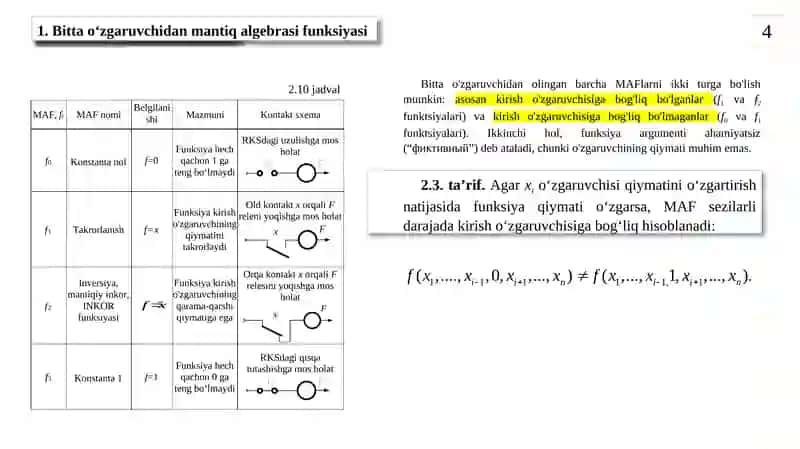 Mantiq algebrasi elementar funksiyalari. 4