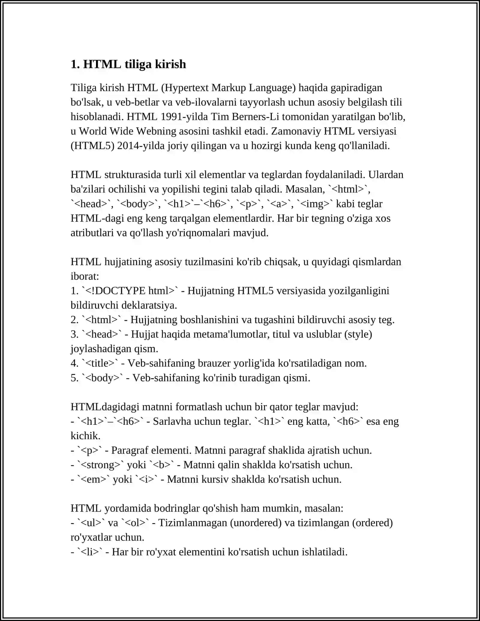 HTML TILIGA KIRISH, UNING ASOSIY ELEMENTLARI. TEG TUSHUNCHASI 4