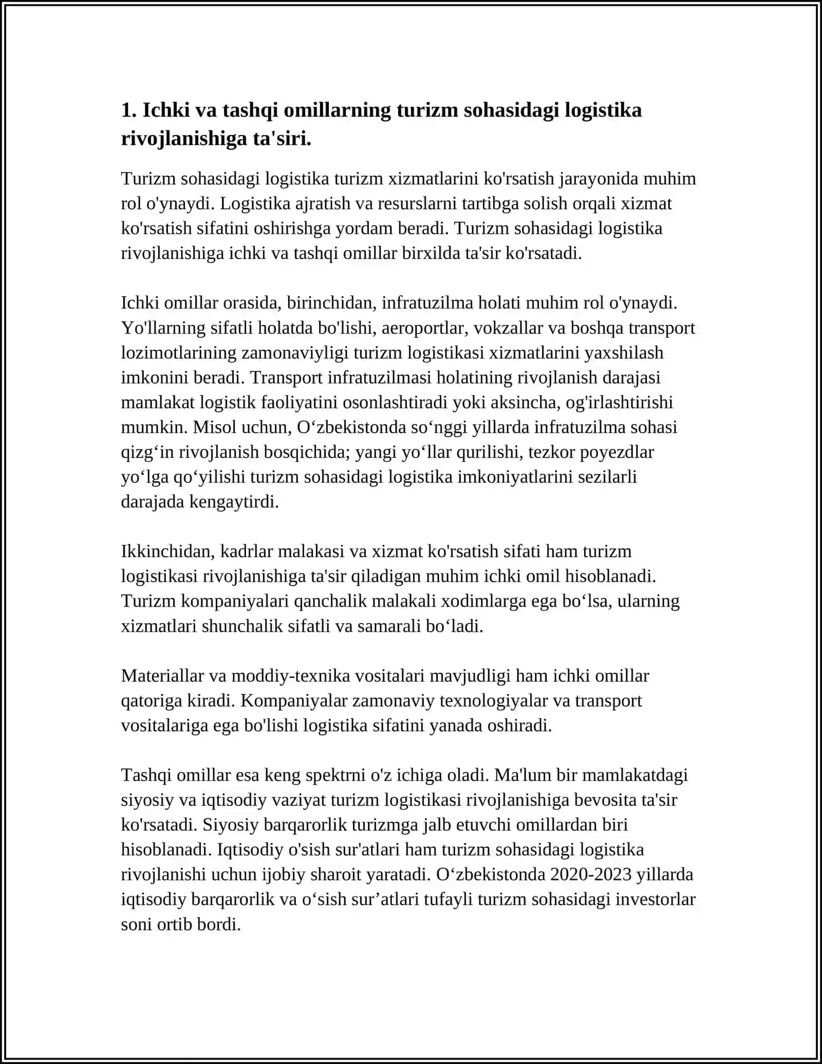 TURIZM SOHASIDA LOGISTIKASI RIVOJLANISHINING ICHKI VA TASHQI OMILLARI 4