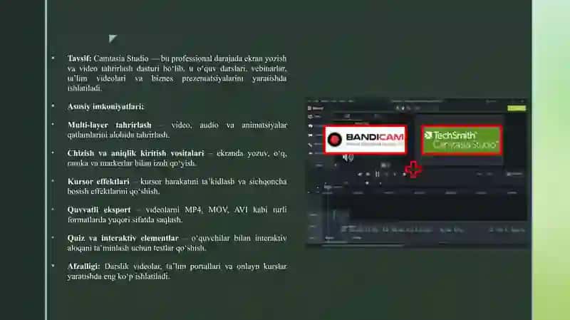 CAMTASIA STUDIO, ISPRING CAMPRO, CAPTURE, BANDICAM DASTURLARI VA ULARNING IMKONIYATLARI 4