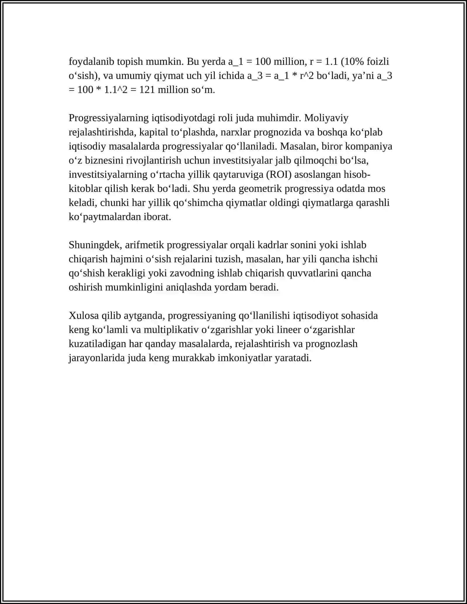 EXSEL DASTURIDA IQTISODIY MASALALARNI YECHISH, PROGRESSIYA SARALASH AMALI 4