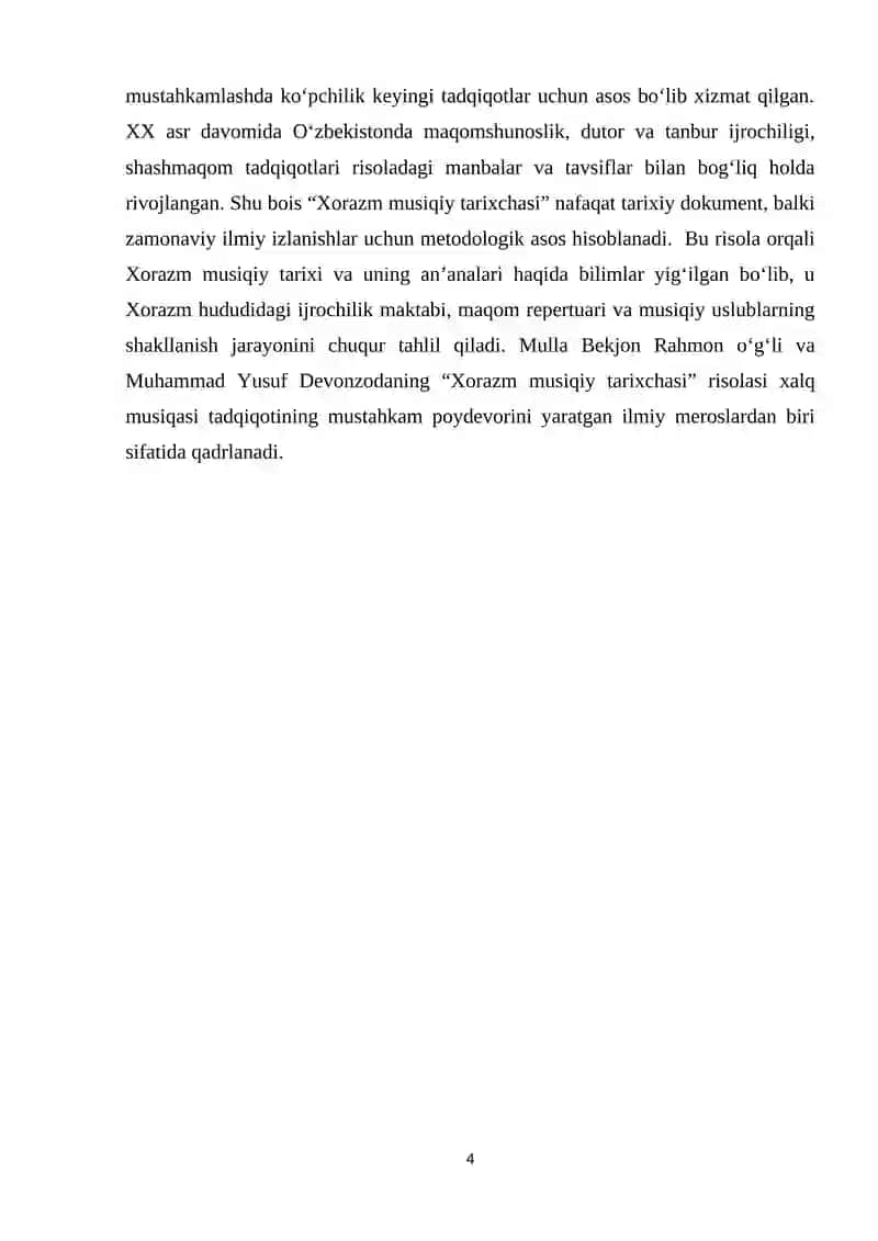"Mulla Bekjon Rahmon oʻgʻli, Muhammad Yusuf Devonzoda. Xorazm musiqiy tarixchasi risolasi va uning ilmiy-tarixiy ahamiyati" 4