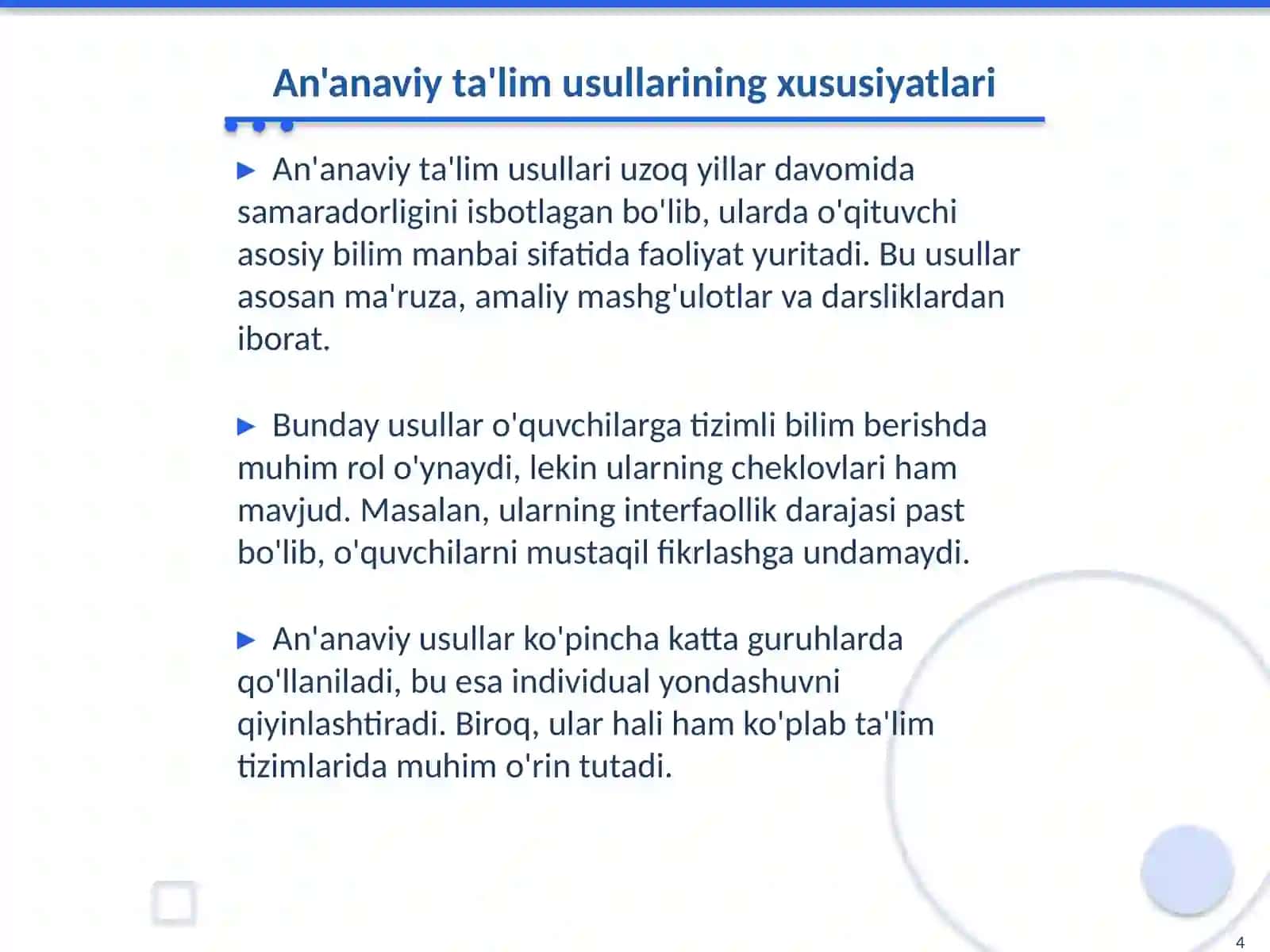 Ta'lim metodlari va usullari tasnifi va ulardan foydalanish 4