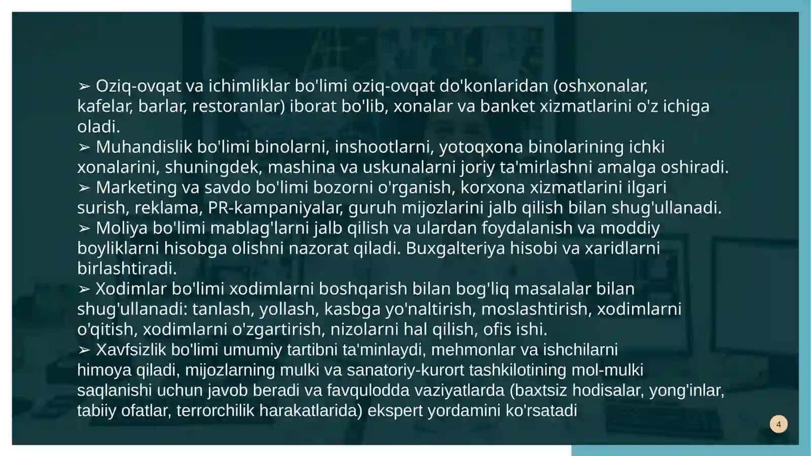 Sanatoriy-kurort korxonalari faoliyat yuritishida mehnat resurslar bilan ta’minlanganligi 4