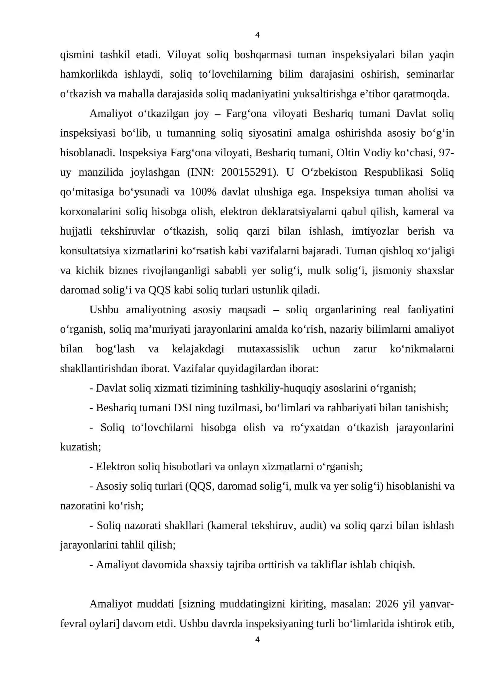 "Soliq Inspeksiyasi" Amaliyot Hisoboti 4