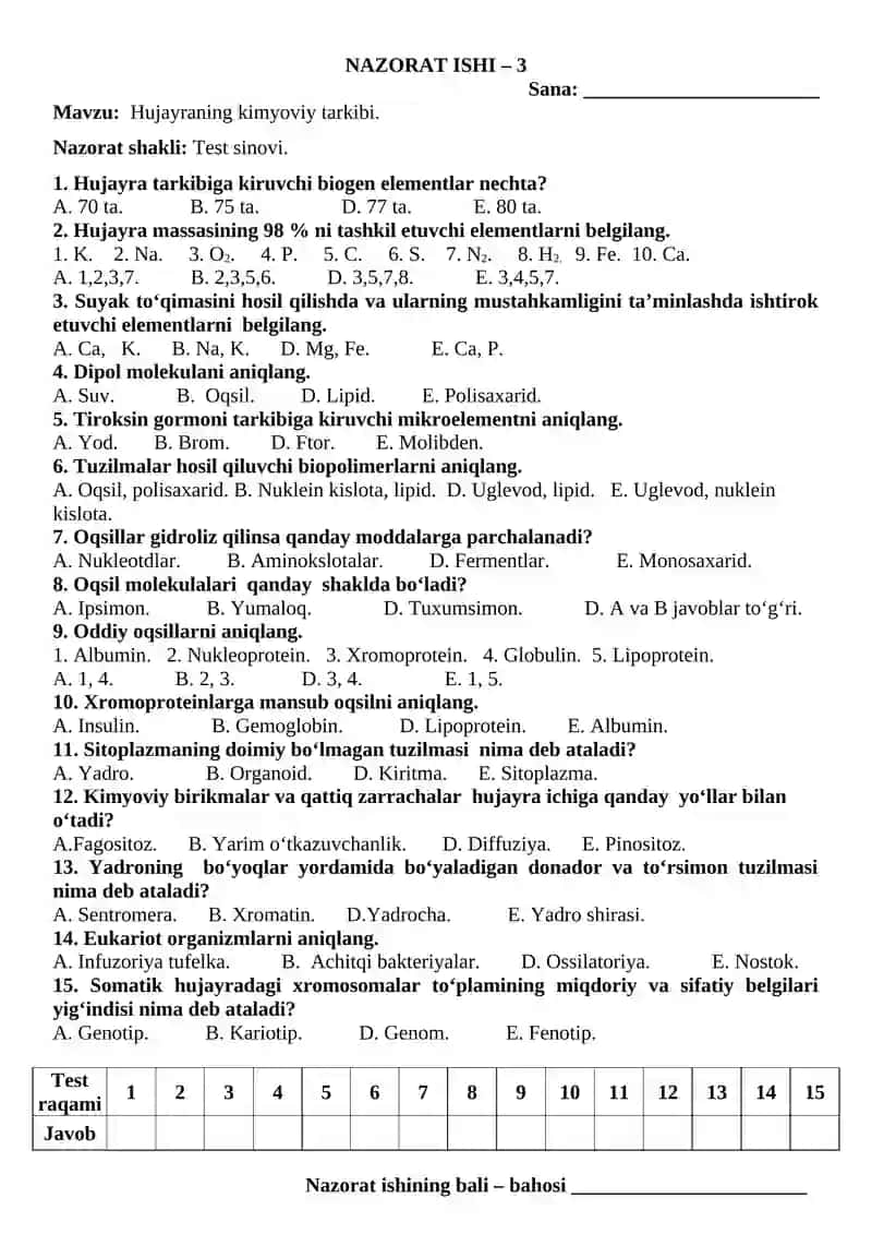 BIOLOGIYA fanidan NAZORAT ISHI DAFTARI 4