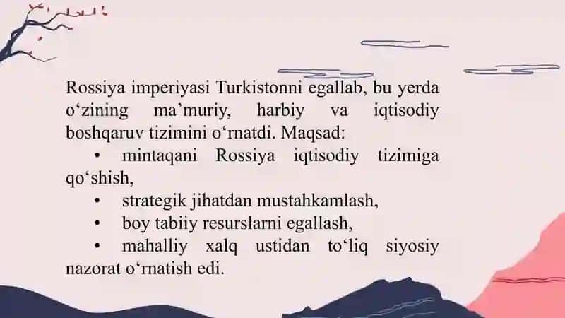 Rossiya imperiyasining Turkiston o’lkasining XX asr boshlarida mustamlakachilik siyosati 4