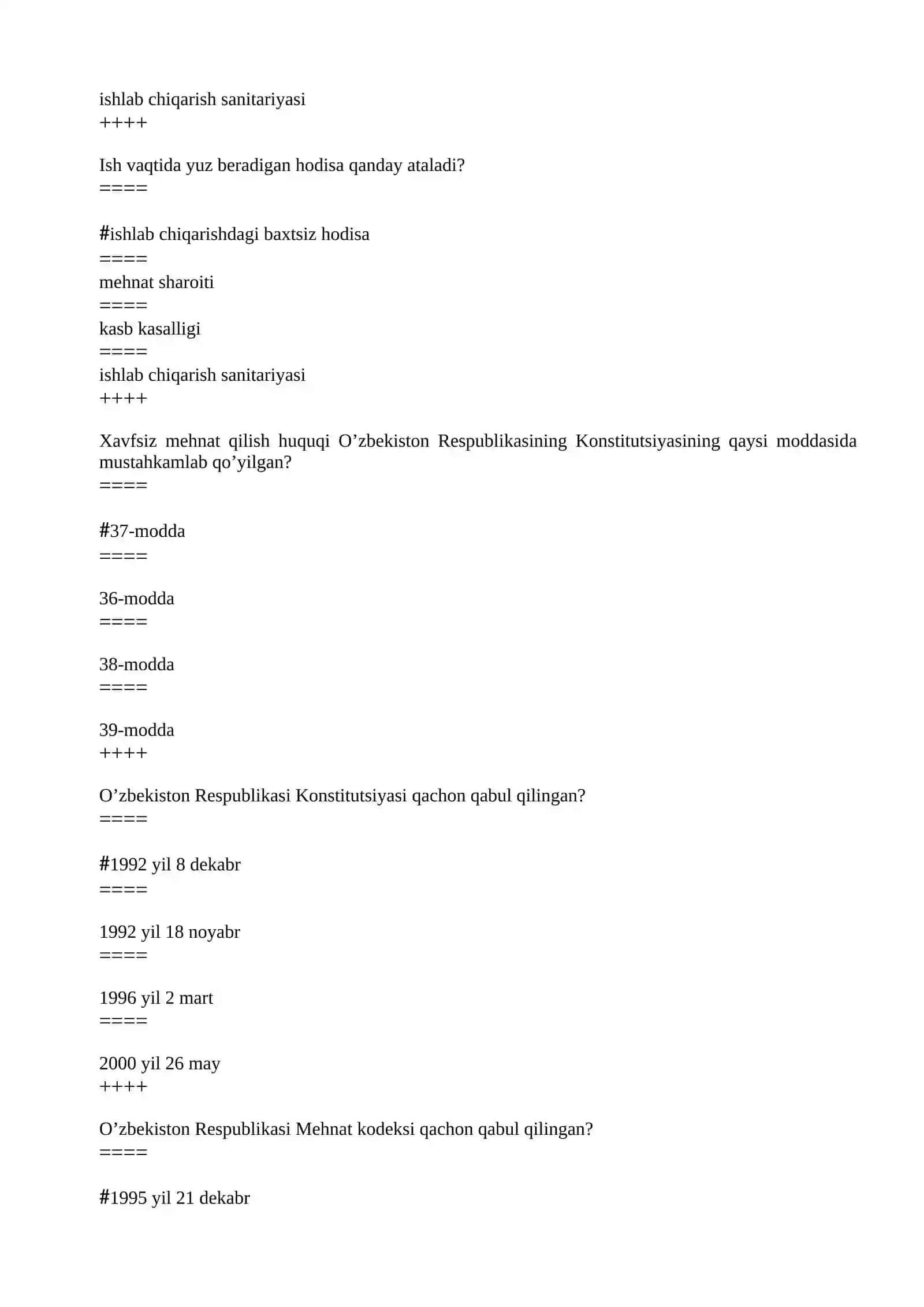 Hayot faoliyati xavfsizligi test savollari 4