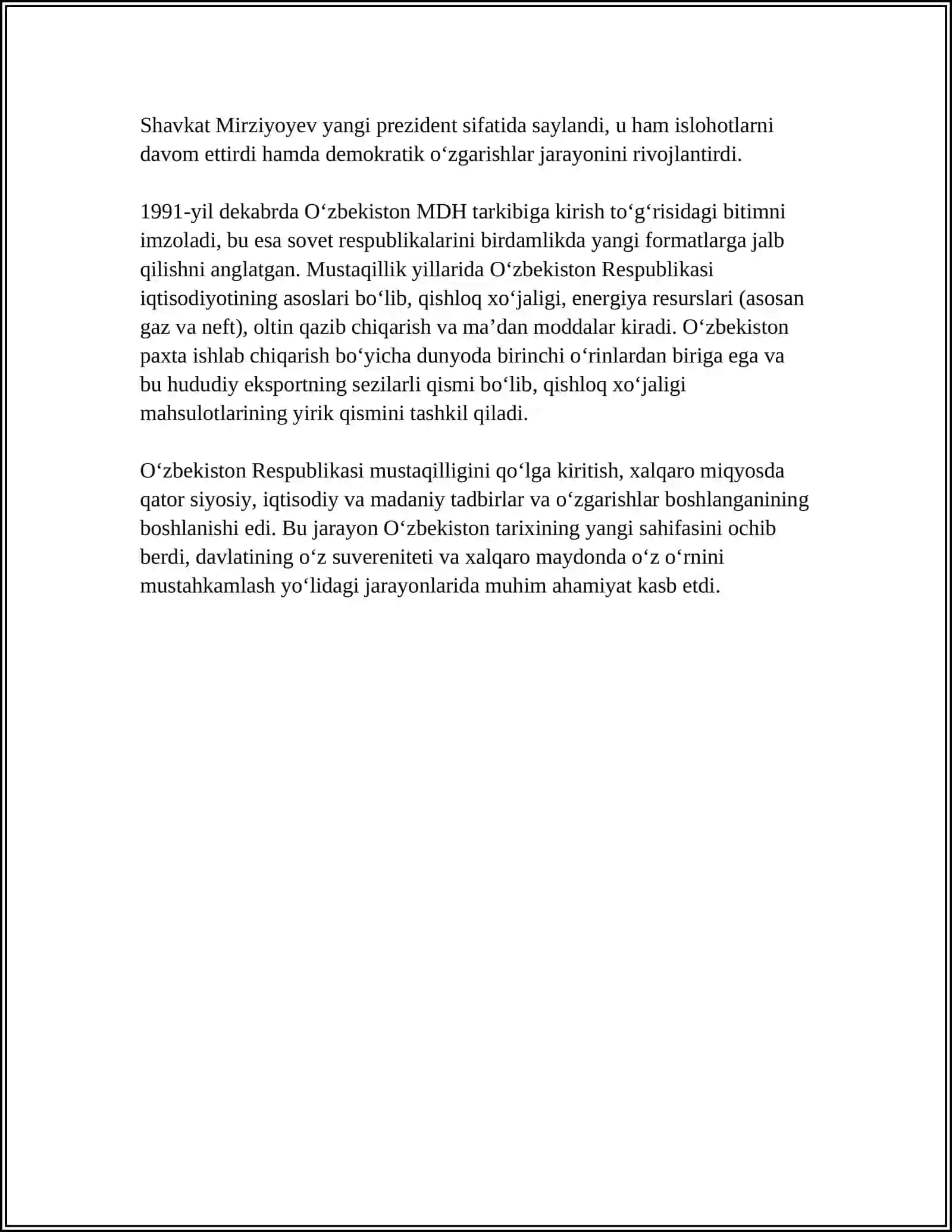 MUSTAQIL O’ZBEKISTON RESPUBLIKASINING TUZILISHU VA UNING TARIXIY AHAMIYATI O’ZBEKISTONNING O’ZIGA XOS MUSTAQIL VA RIVOJLANISH YO’LI 4