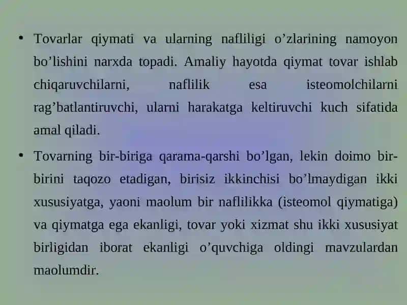 Tovarlar qiymati va ularning nafliligi 4