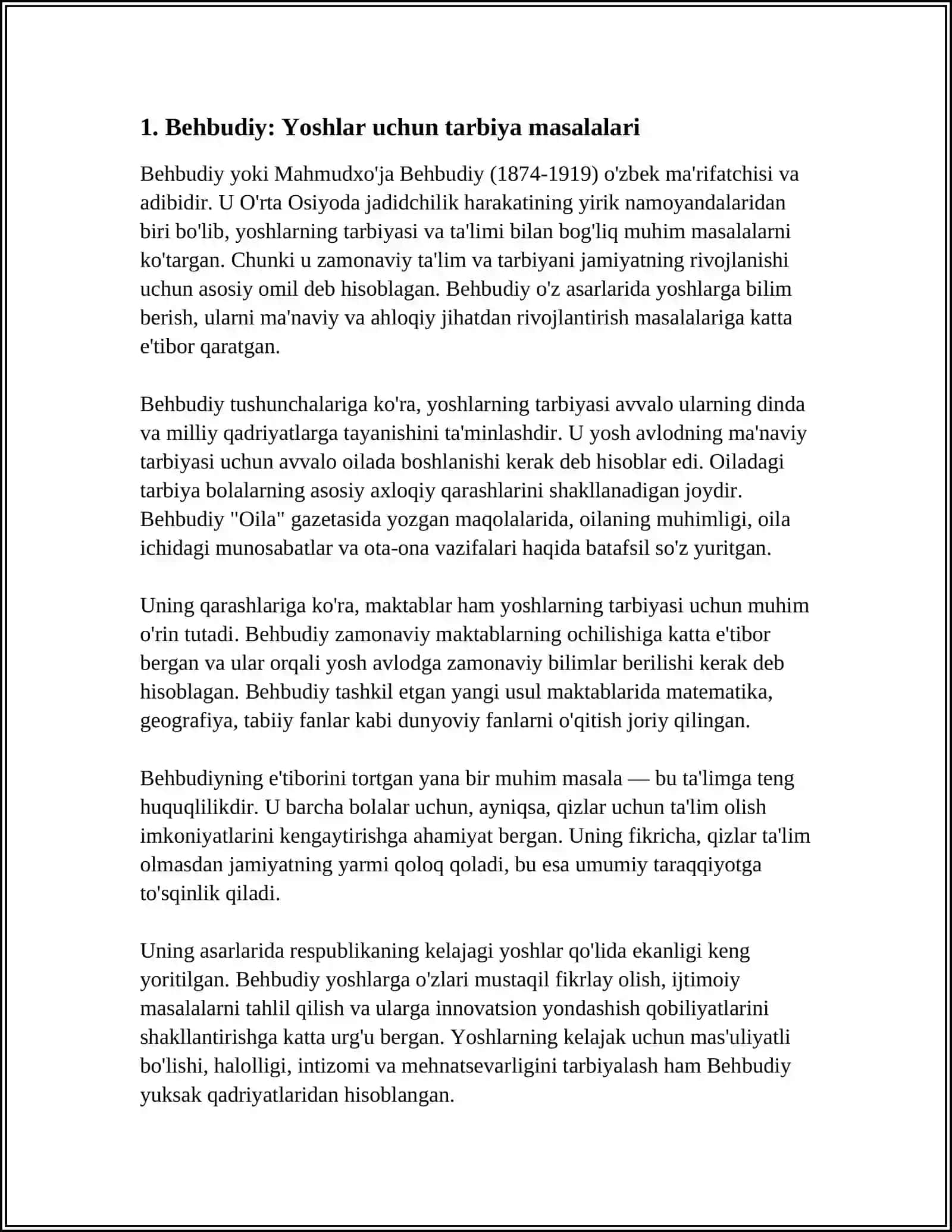 Behbudiy: Yoshlar uchun tarbiya masalalari 4