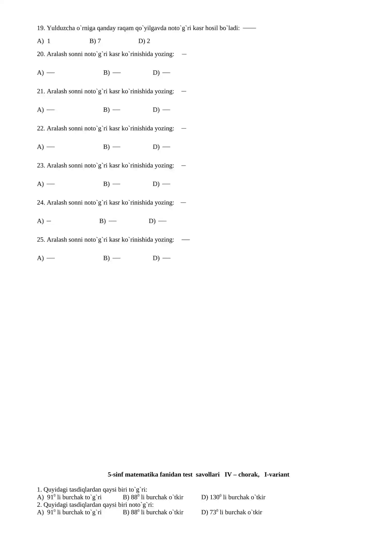 5-sinf matematika fanidan test savollari I – chorak, I-variant 4