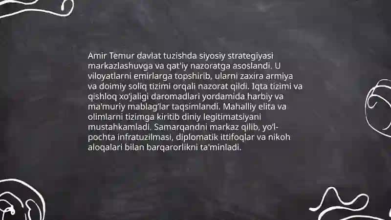 Amir Temur tarixi amalga oshirgan ishlari 4