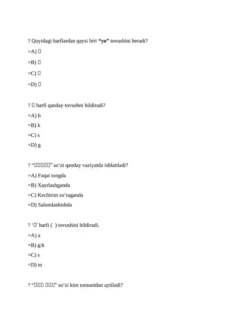 Koreys alifbosini o'rganish test savollari 4