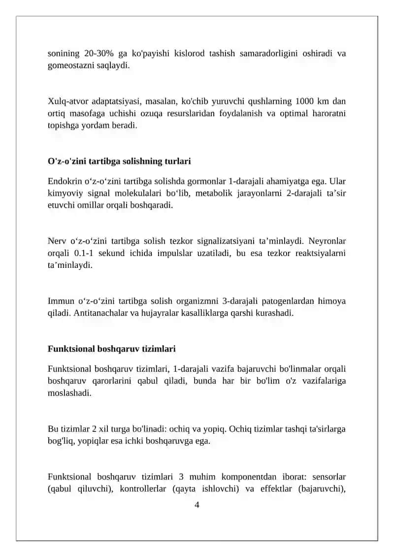 Organizmlar oʻz oʻzini boshqarishi 4