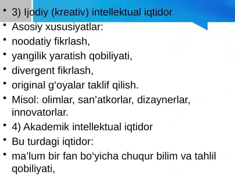 Intellektual iqtidor tiplari. Maxsus iqtidorlilik 4