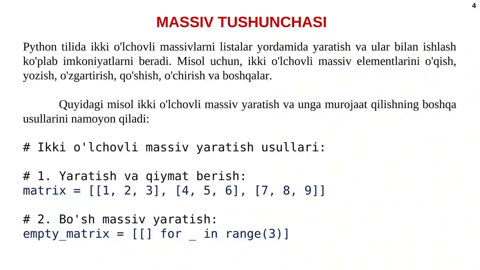 Bir va ko‘p o‘lchovli massivlar bilanishlovchi kutubxona modullari 4