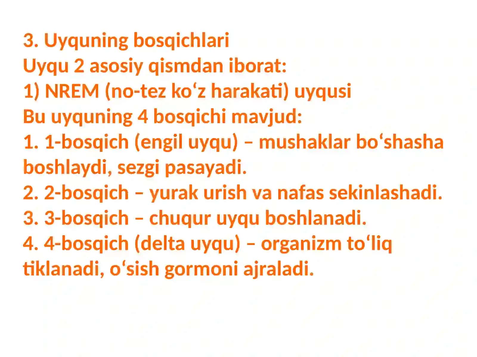 Uyqu va uyqu fiziologiyasi. Uyquning inson salomatligida tutgan oʻrni 4