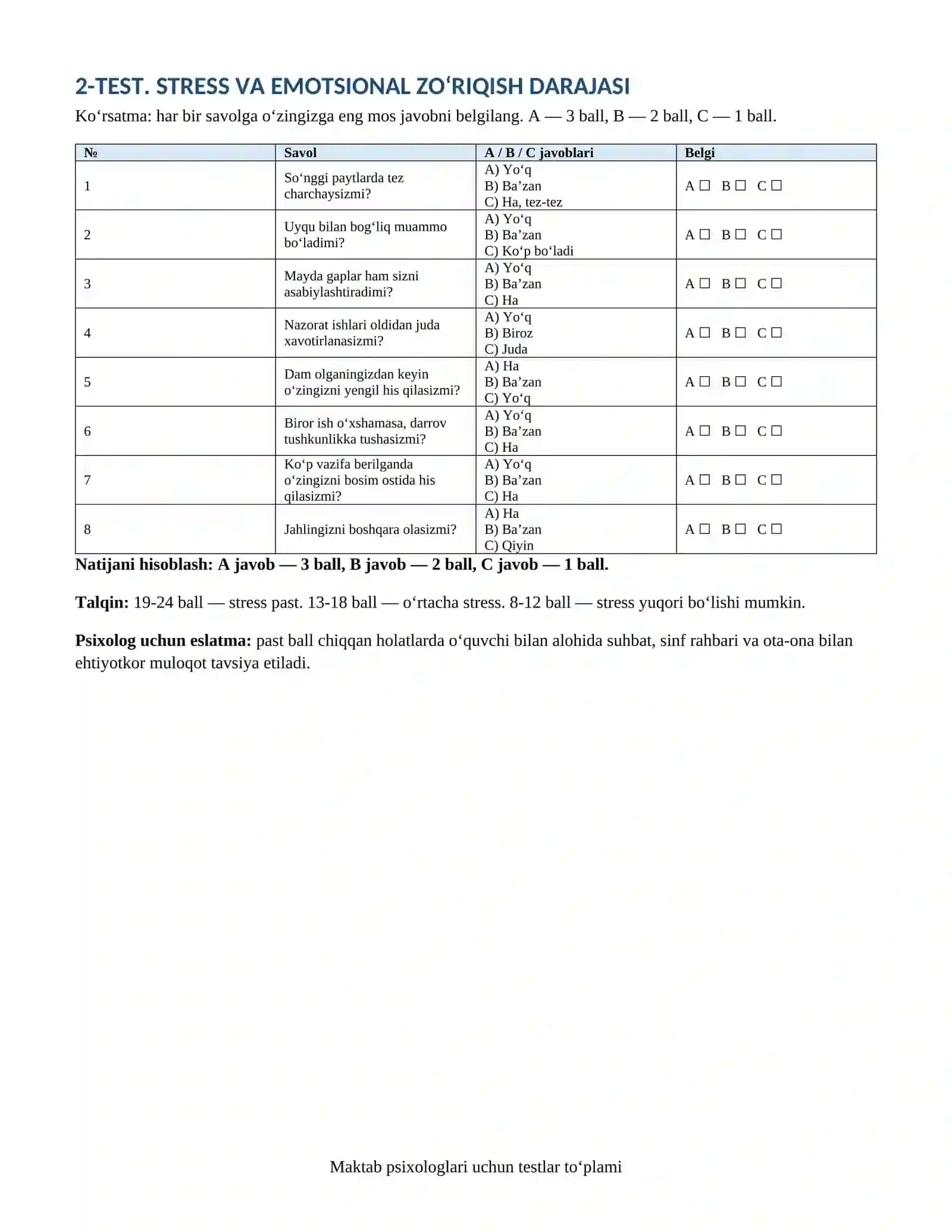 MAKTAB PSIXOLOGLARI UCHUN TESTLAR TO‘PLAMI 4