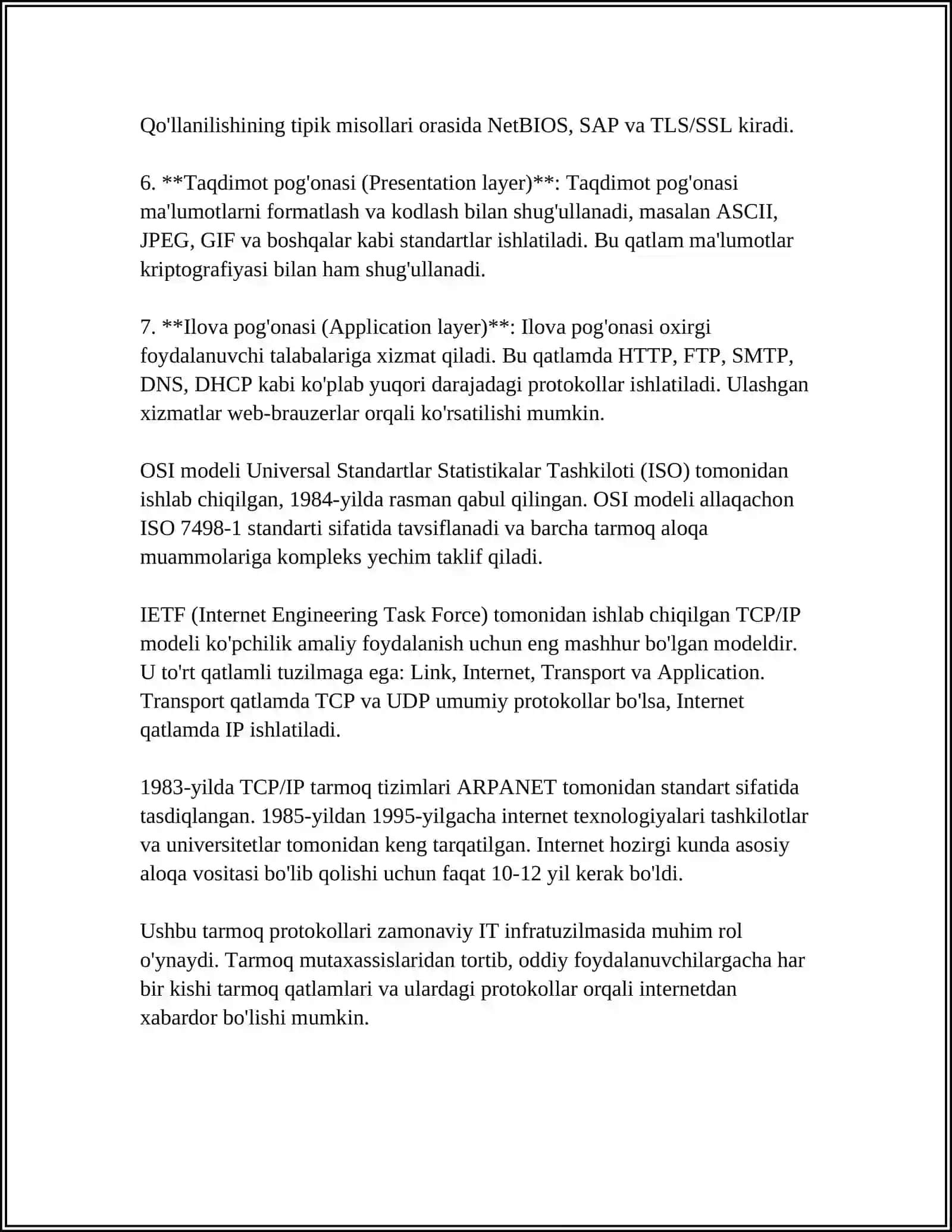 TARMOQ POG'ONASI PROTOKOLLARI. TARMOQ POG'ONASI FUNKSIYASI. IPV4 VA IPV6. IP-ADRESLASH 4